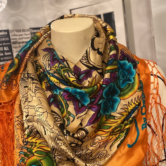 Y2K Ed Hardy by Christian Audigier - beautiful Silk floral Print Scarf - Picture 4 of 13